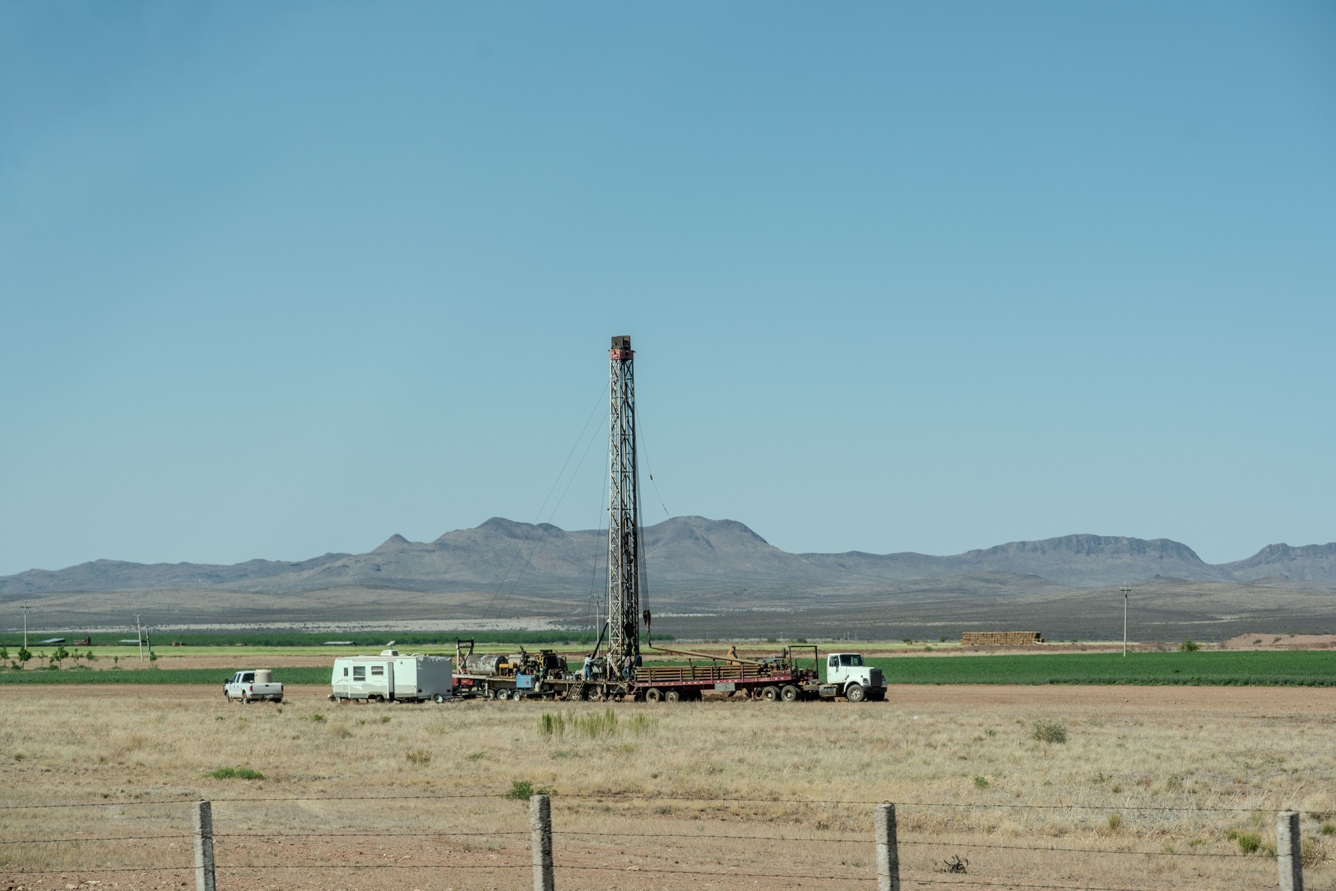 A Portable Fresh Water Well Drilling Rig a Well Shaft in Chihuahua Mexico Near Highway 450 on a Sunny Day